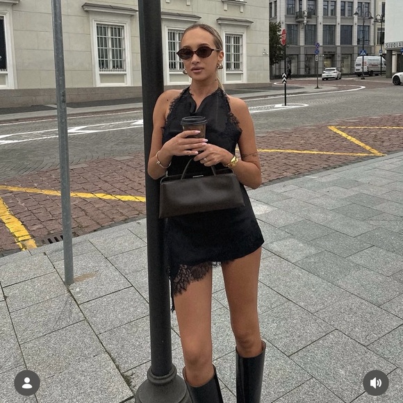 Zara elegant Black Satin Lace-Trim Halter Top - Picture 5 of 15